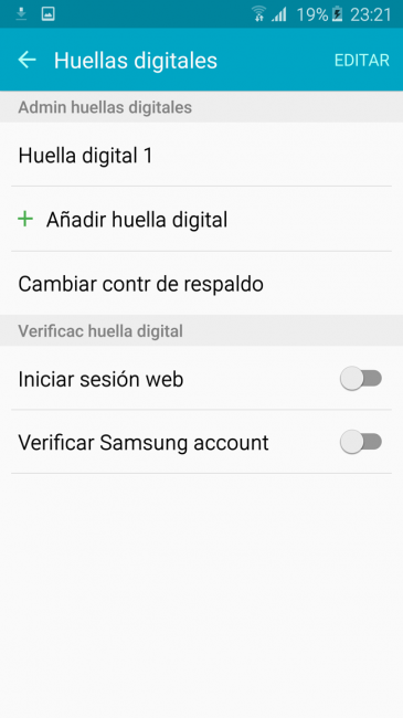 Opciones del lector de huellas del Samsung Galaxy S6