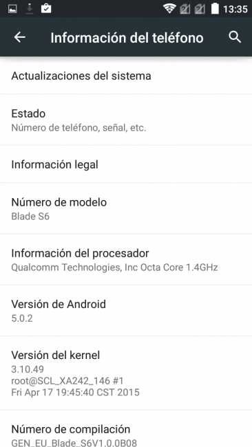 Información del sistema del ZTE Blade S6