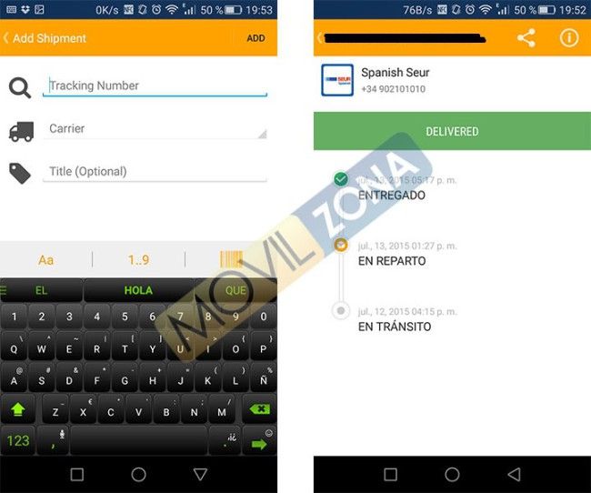 Interfaz de seguimiento de pedidos en Aftership
