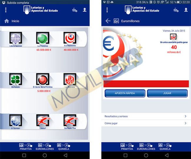 Interfaz de la app para jugar a Euromillones desde el movil