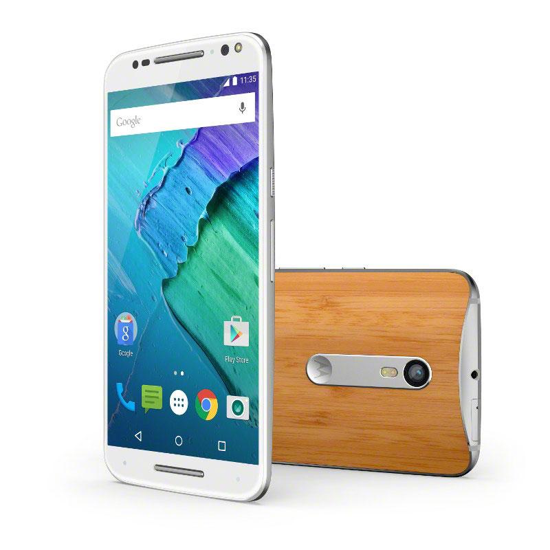 Motorola Moto X Style frontal blanco y trasera de madera