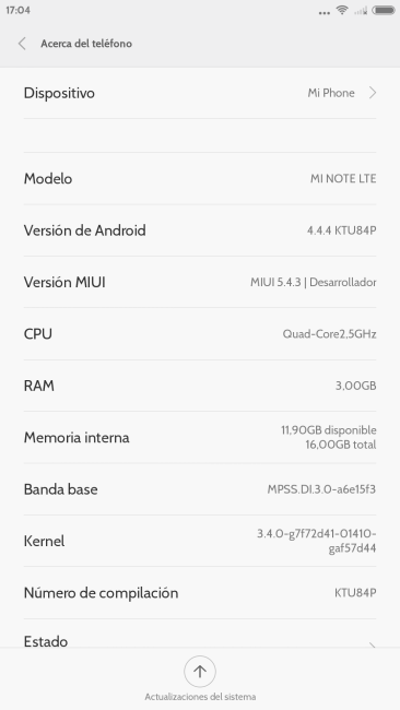 Información de sistema del Xiaomi Mi Note