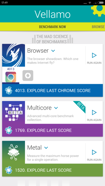 Resultado en Vellamo con el Xiaomi Mi Note