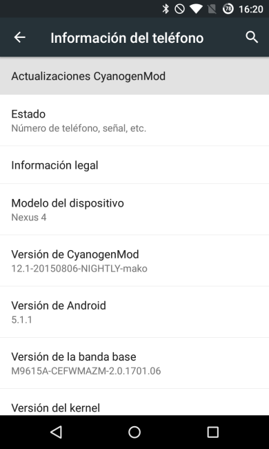 Android - Actualizar CyanogenMod, pantalla de ajustes 2
