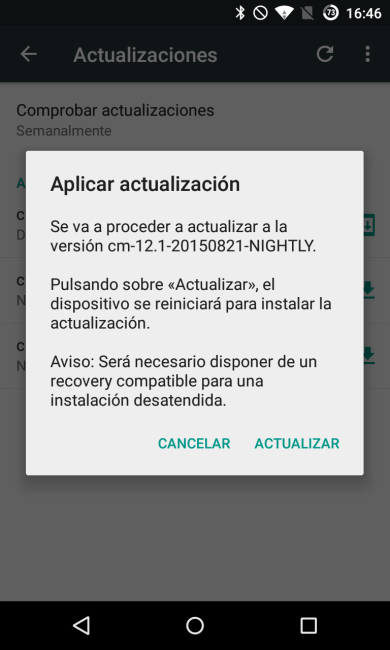 Android - Actualizar CyanogenMod, reiniciar y actualizar