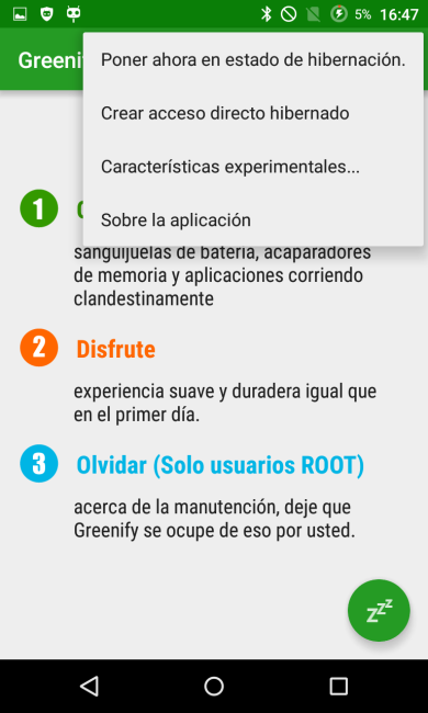 menú de Greenify para Android