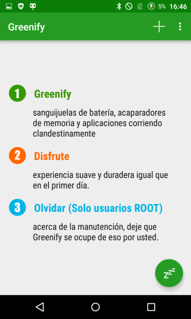 Greenify para Android, pantalla principal