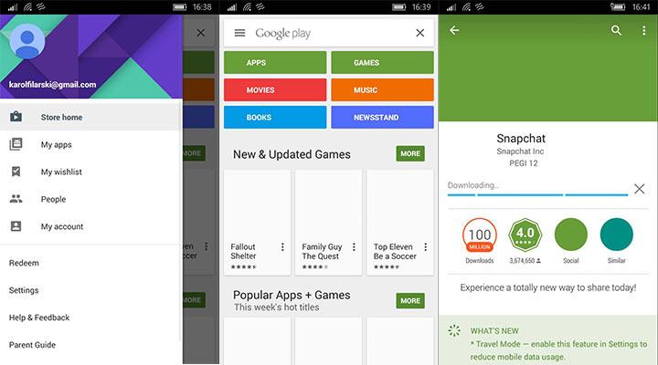 Google Play ejecutándose en Windows 10 Mobile