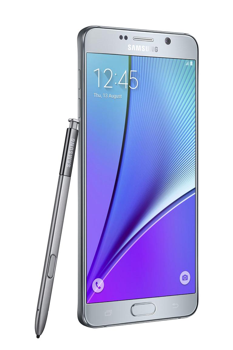 Samsung Galaxy Note 5 lateral con lápiz en color gris