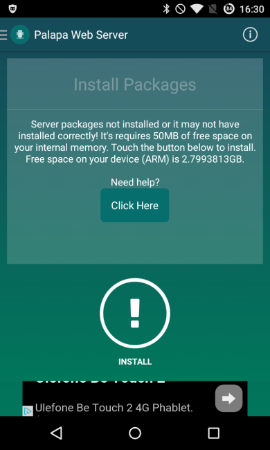 Servidor Web en Android Papala Web Server, pantalla principal