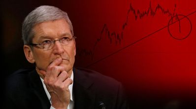 Tim Cook con gráfico de Bolsa al fondo