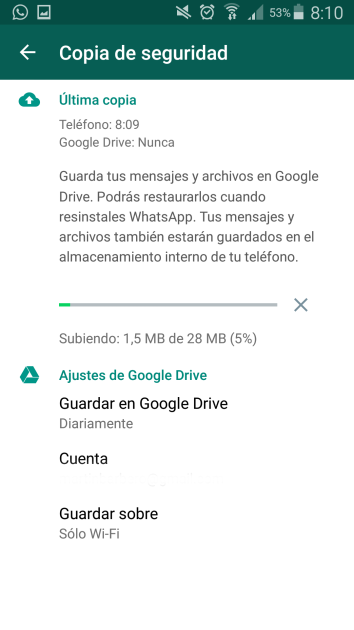 WhatsApp Google Drive menú