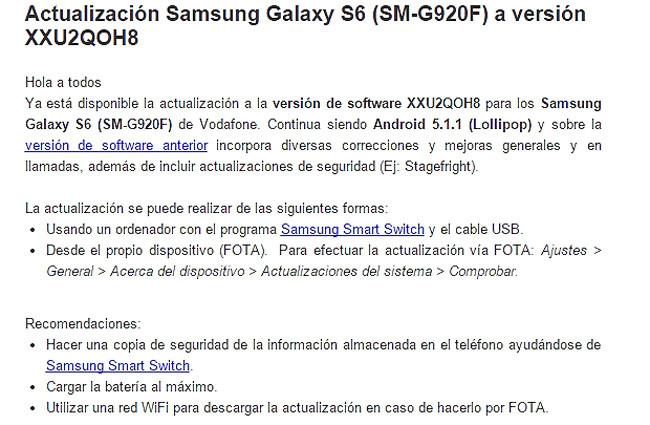 Actualizacion del Samsung Galaxy S6 de Vodafone