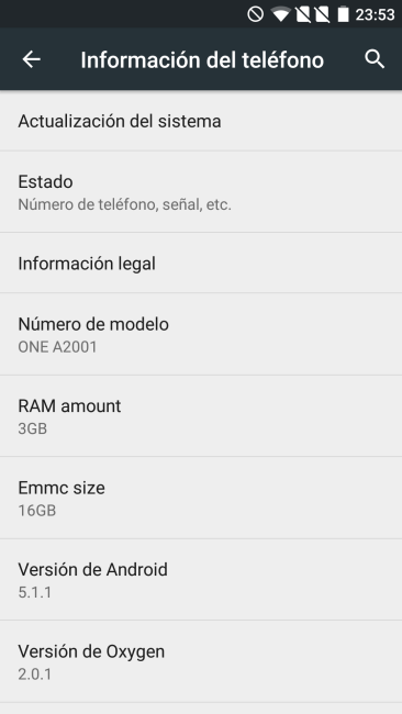Información del sistema en el OnePlus 2