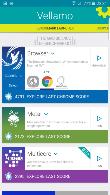 Resultado en Vellamo del Samsung Galaxy S6 Edge Plus