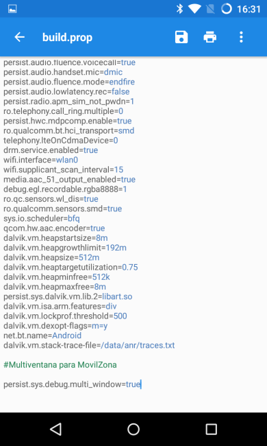 Build.prop en Android 6.0 para multiventana