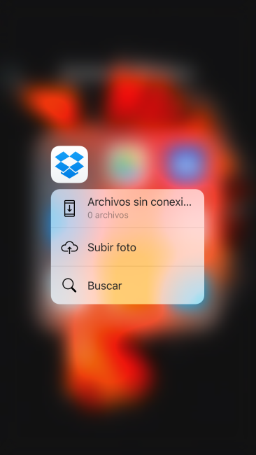 Manú que aparece en el iPhone 6s Plus al usar Touch 3D