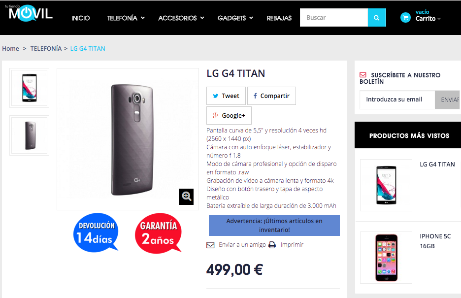 LG G4 en pantallazo de Tutiendamovil.com