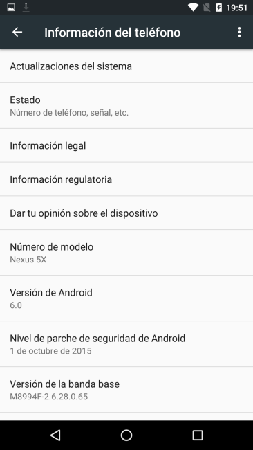 Información del sistema Nexus 5X