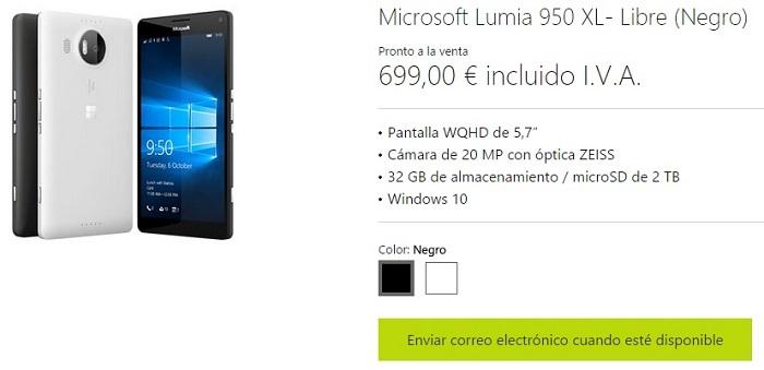 Lumia 950 XL precio oficial en web de Microsoft