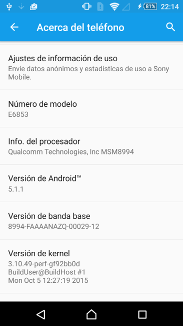 Sistema del Sony Xperia Z5 Premium