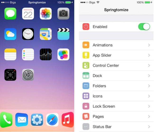 Interfaz de Springtomize 3 para iOS 9
