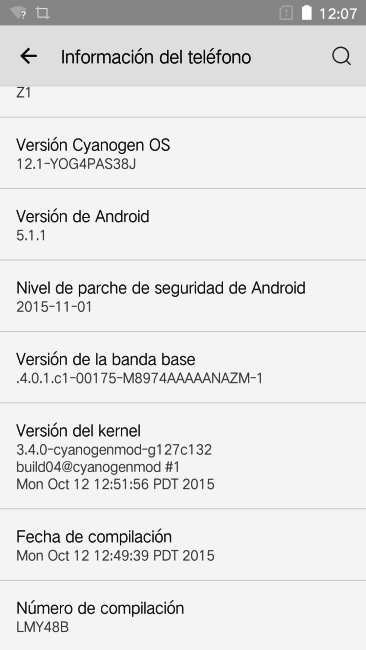 Información del sistema del Zuk Z1