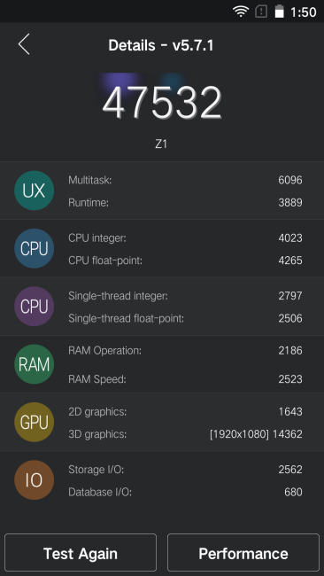 Resultado de Zuk Z1 en AnTuTu