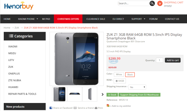 Captura de pantalla de venta del Zuk Z1 en Honobury.com