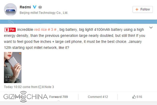 Xiaomi Redmi 3 bateria weibo