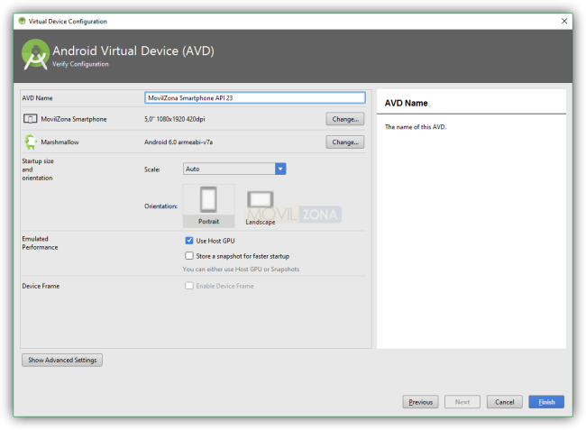 Resumen configurar Android Virtual Device Manager
