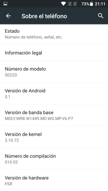Información del sistema del Alcatel OneTouch Pop Star