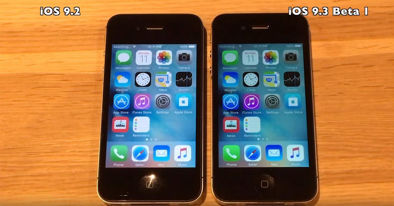 Prueba de rendimiento de iOS 9.3 frente a iOS 9.2 con un iPhone 4s, iPhone  5, iPhone 5s y iPhone 6
