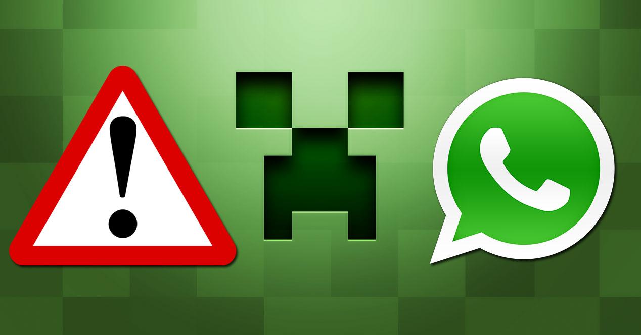 Logo de whatsapp con señal de alerta y fondo de creeper de Minecraft