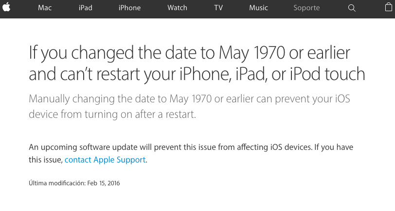 Aviso de Apple en su página de soporte sobre el fallo del iPhone al poner una fecha manual