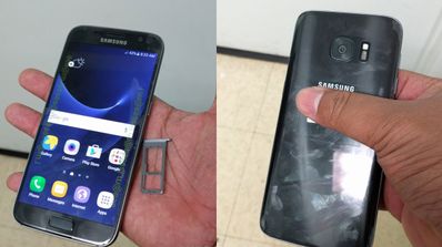 Samsung Galaxy S7 frontal y vista trasera en la mano