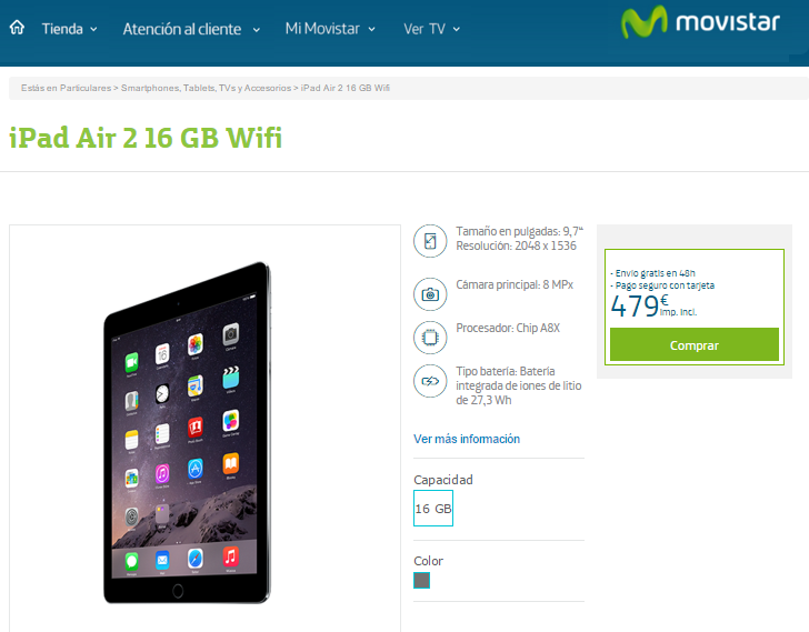 ficha del iPad Air 2 en la web de movistar