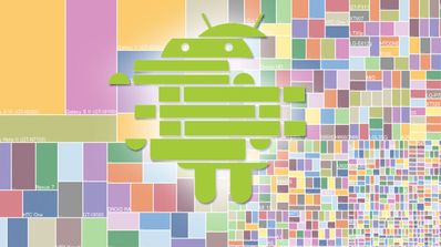 robot de android fragmentado sobre fondo multicolor