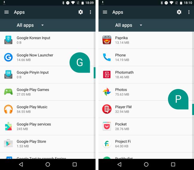 Android N aplicaciones organizadas alfabéticamente