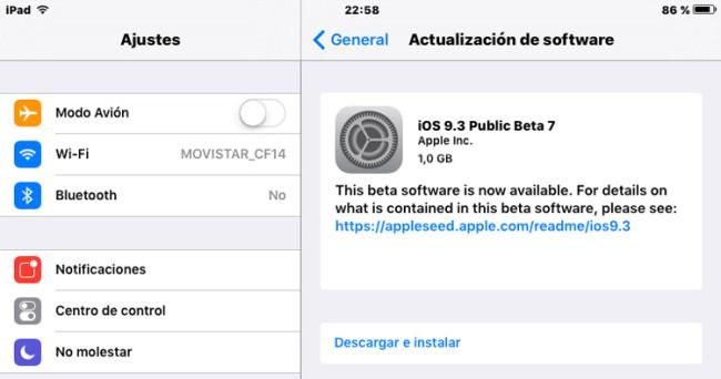 Beta 7 de iOS 9.3 para iPad
