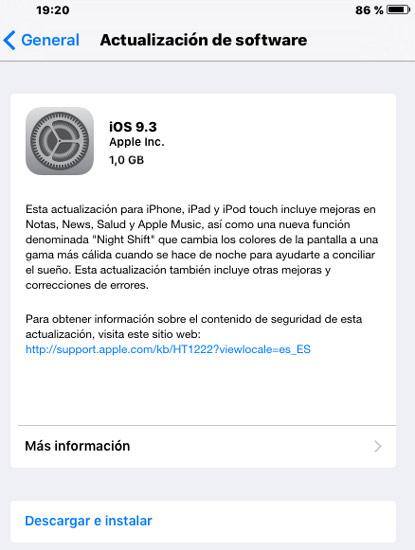 Actualización OTA de iOS 9.3 con revisión de errores