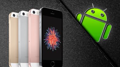 iPhone SE frente a logotipo Android