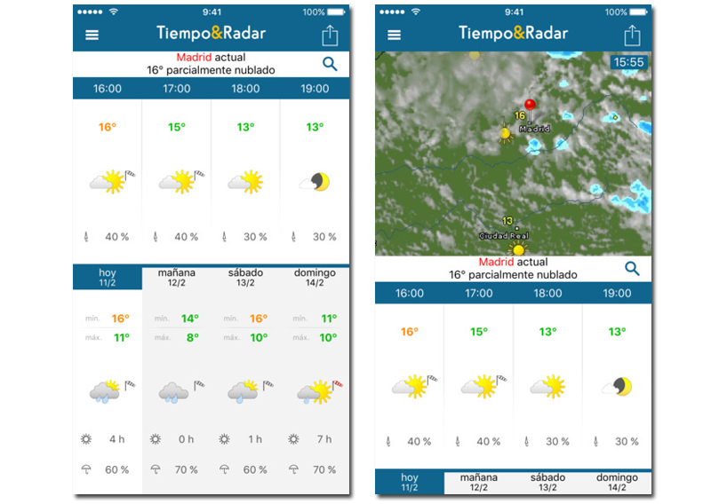 pantallazos de la app para ios de El Tiempo & radar