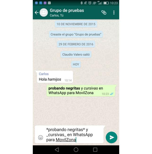 Texto de WhatsApp en negrita y cursiva