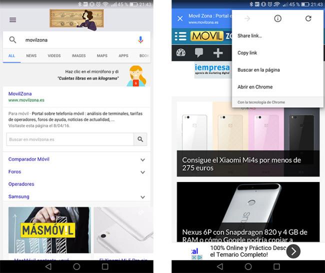 Pestaña de Chrome en la app de Google