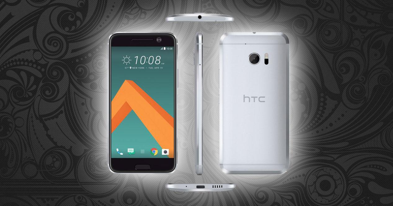 HTC 10 plateado sobre fondo negro