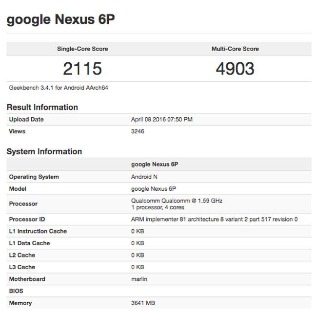 Características de un nuevo Nexus 6P en GeekBench