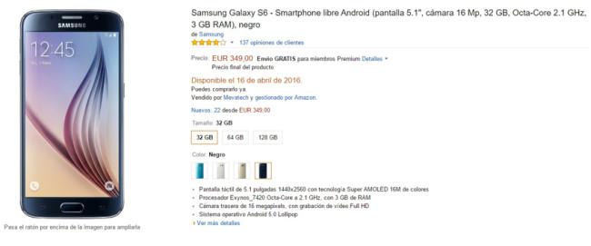 Precio del Samsung Galaxy S6 en Amazon