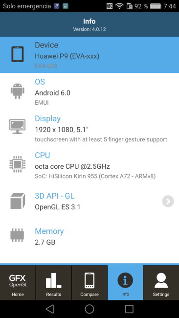Datos del Huawei P9 en GFXBench