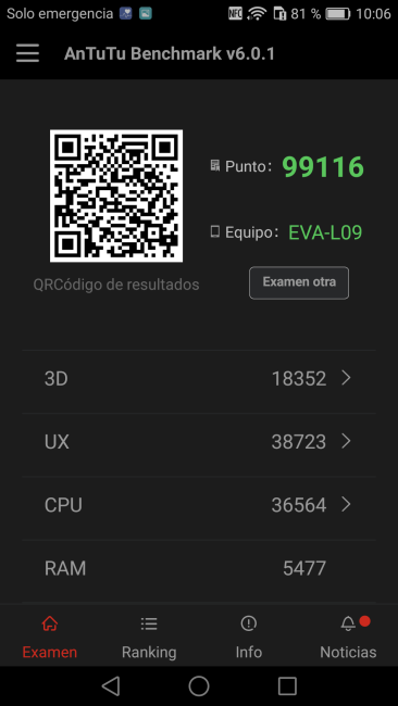 Resultado en AnTuTu del Huawei P9